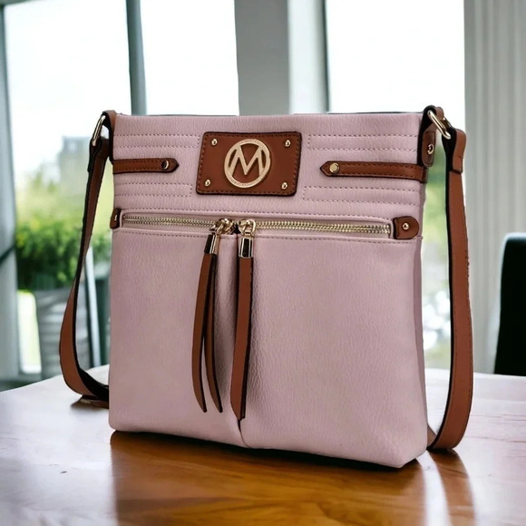 🆕️MKF Vegan Leather Pink & Brown Crossbody Bag 🎒✨ Trendy & Functional - Picture 1 of 10